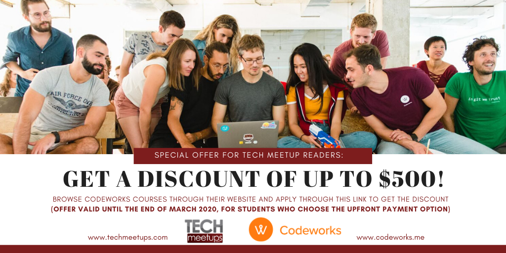 500 discount via TechMeetUps CODEWORKS Barcelona Tech Job Fair Spring 2020